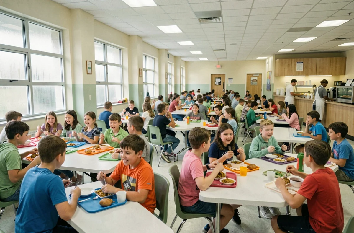 Cantine scolaire avec des élèves en train de déjeuner, illustrant les frais de restauration scolaire