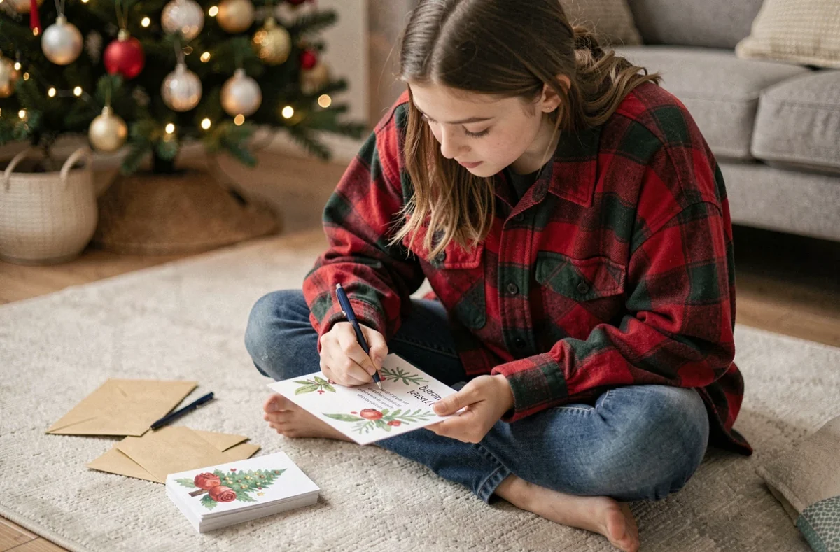 Adolescente écrivant dans une carte de Noël aquarelle imprimée assise sur un tapis de salon avec sapin de Noël flou en arrière-plan