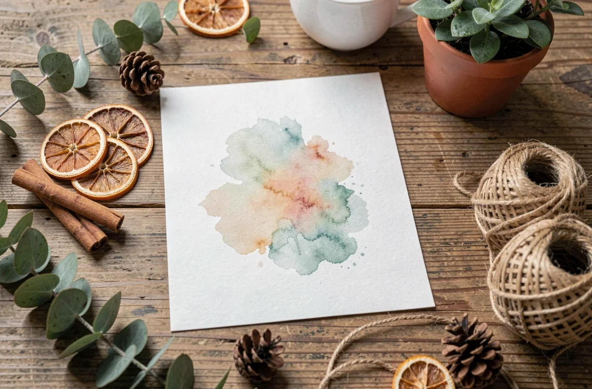 Carte de Noël aquarelle imprimée en vue de dessus sur table en bois rustique entourée de tranches d'orange séchée, bâtons de cannelle et branches d'eucalyptus