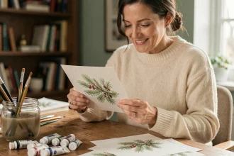 Femme tenant une carte de Noël imprimée style aquarelle avec branches de sapin peintes, posée sur un bureau en bois entouré de pinceaux et tubes de peinture