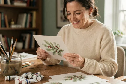 Femme tenant une carte de Noël imprimée style aquarelle avec branches de sapin peintes, posée sur un bureau en bois entouré de pinceaux et tubes de peinture