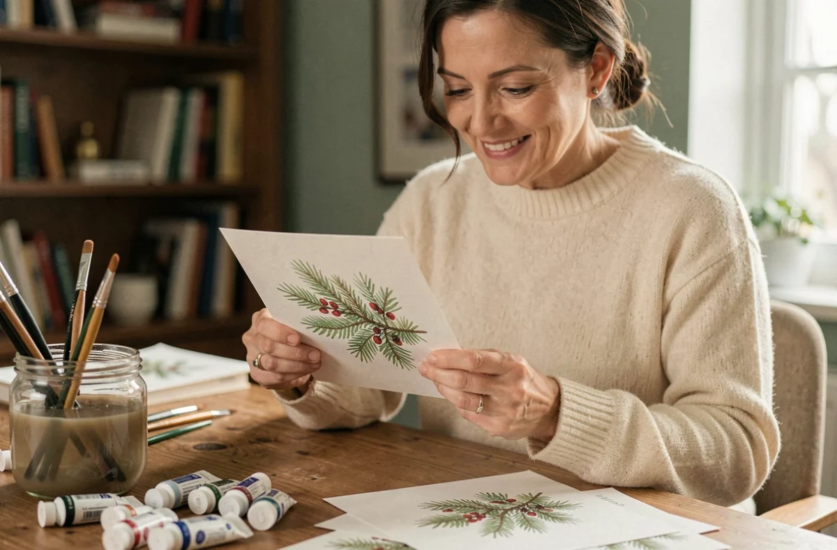 Femme tenant une carte de Noël imprimée style aquarelle avec branches de sapin peintes, posée sur un bureau en bois entouré de pinceaux et tubes de peinture