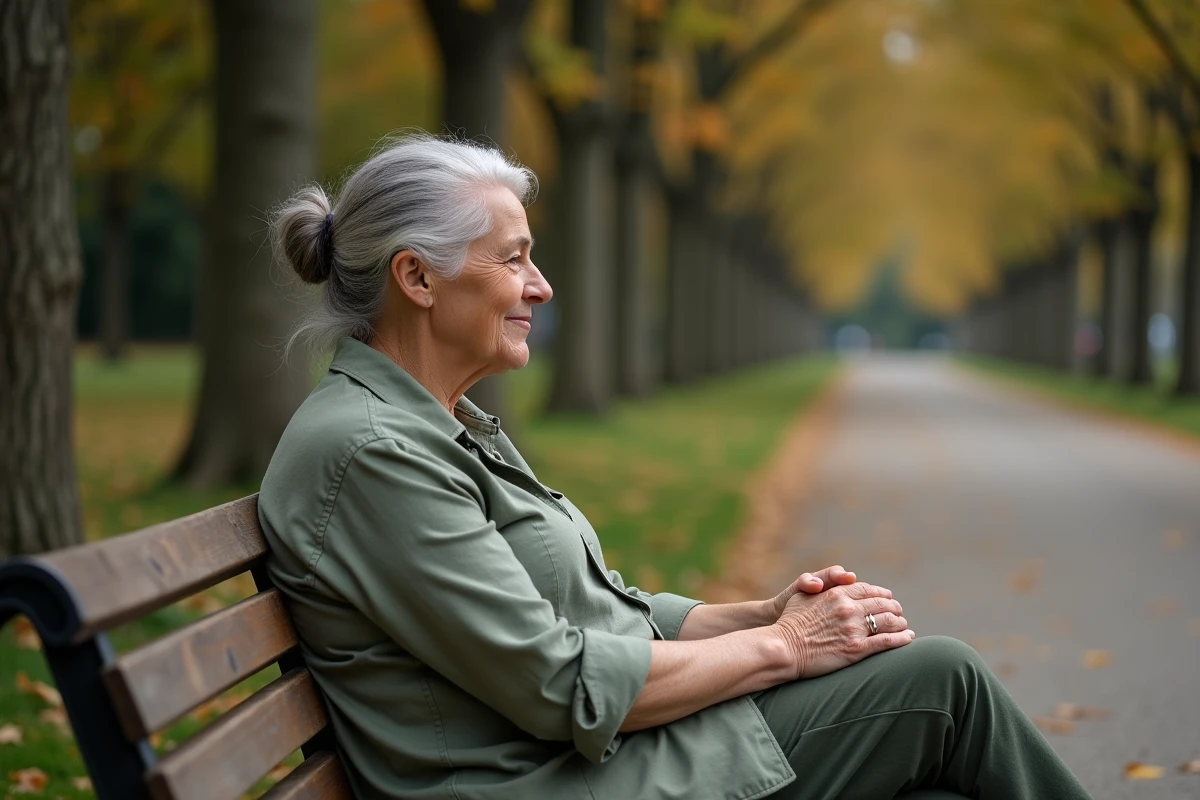Grand-mère et son fils adulte main dans la main sur un banc de parc en automne, symbole d'un lien maternel profond et inconditionnel
