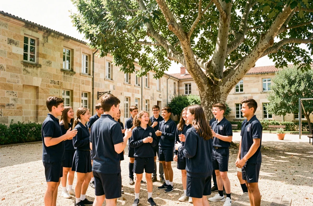 Collégiens en uniforme marine jouant et discutant dans la cour du collège Saint-François d'Assise à Montpellier pendant la récréation