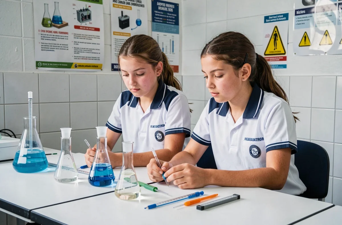 Deux collégiens en uniforme réalisant une expérience scientifique dans la salle de sciences du collège Sainte-Thérèse à Béziers