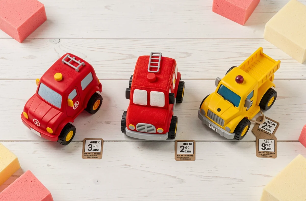Comparaison de trois camions de pompier jouets pour bébé de moins de 2 ans sur fond blanc