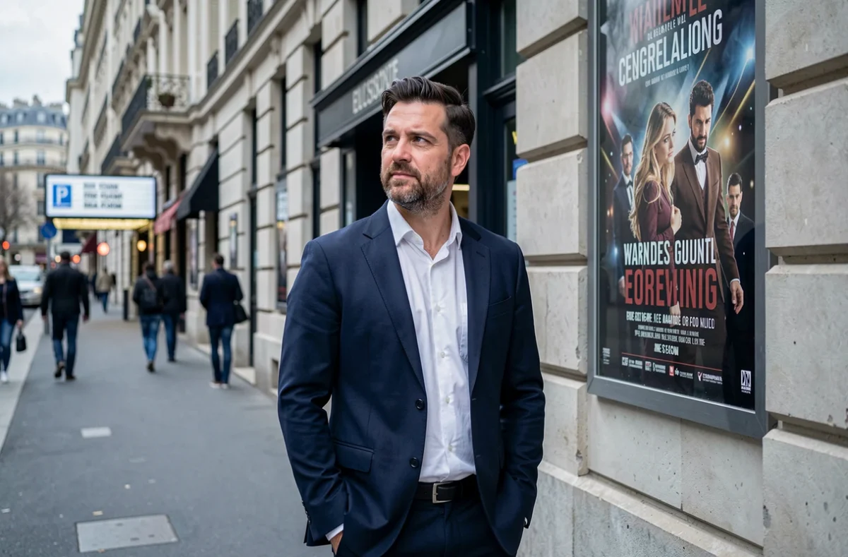 Homme devant une salle de spectacle à Paris, évoquant la vie du conjoint d'un artiste connu dans le milieu du divertissement