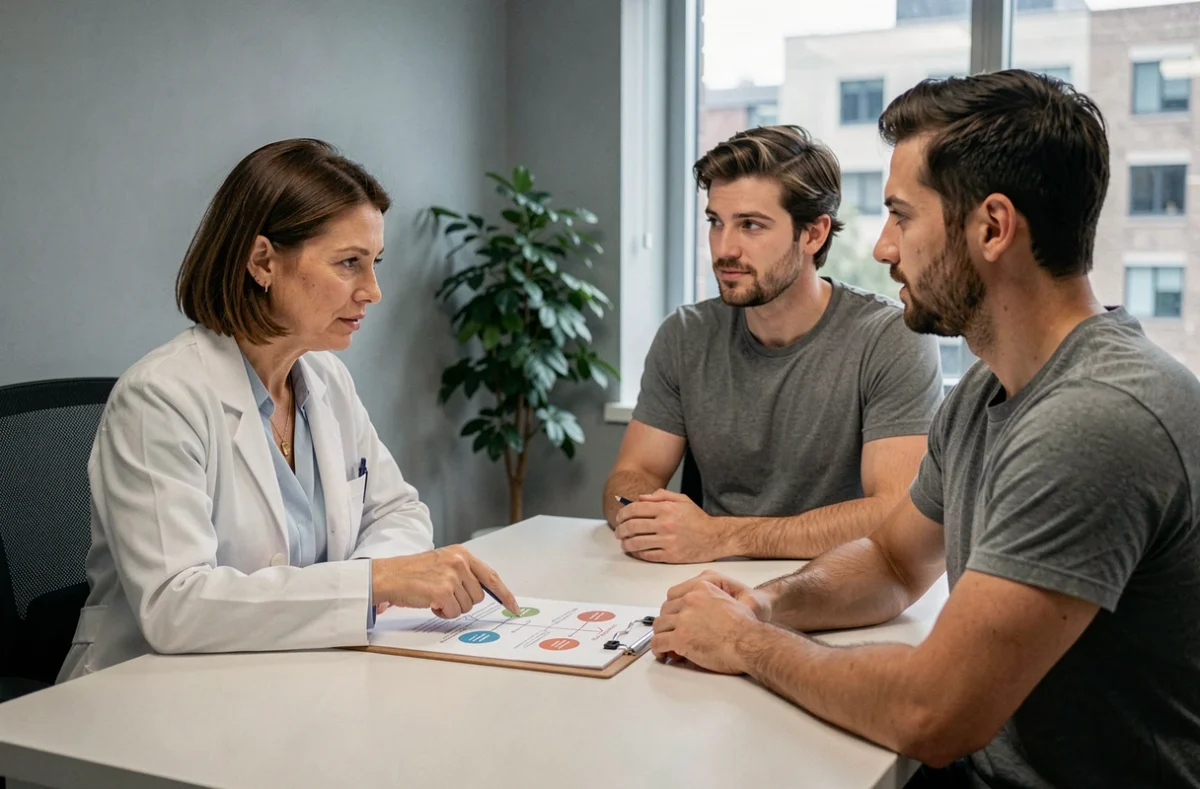 Une médecin expliquant la génétique des grossesses gémellaires à un couple lors d'une consultation de PMA dans une clinique moderne