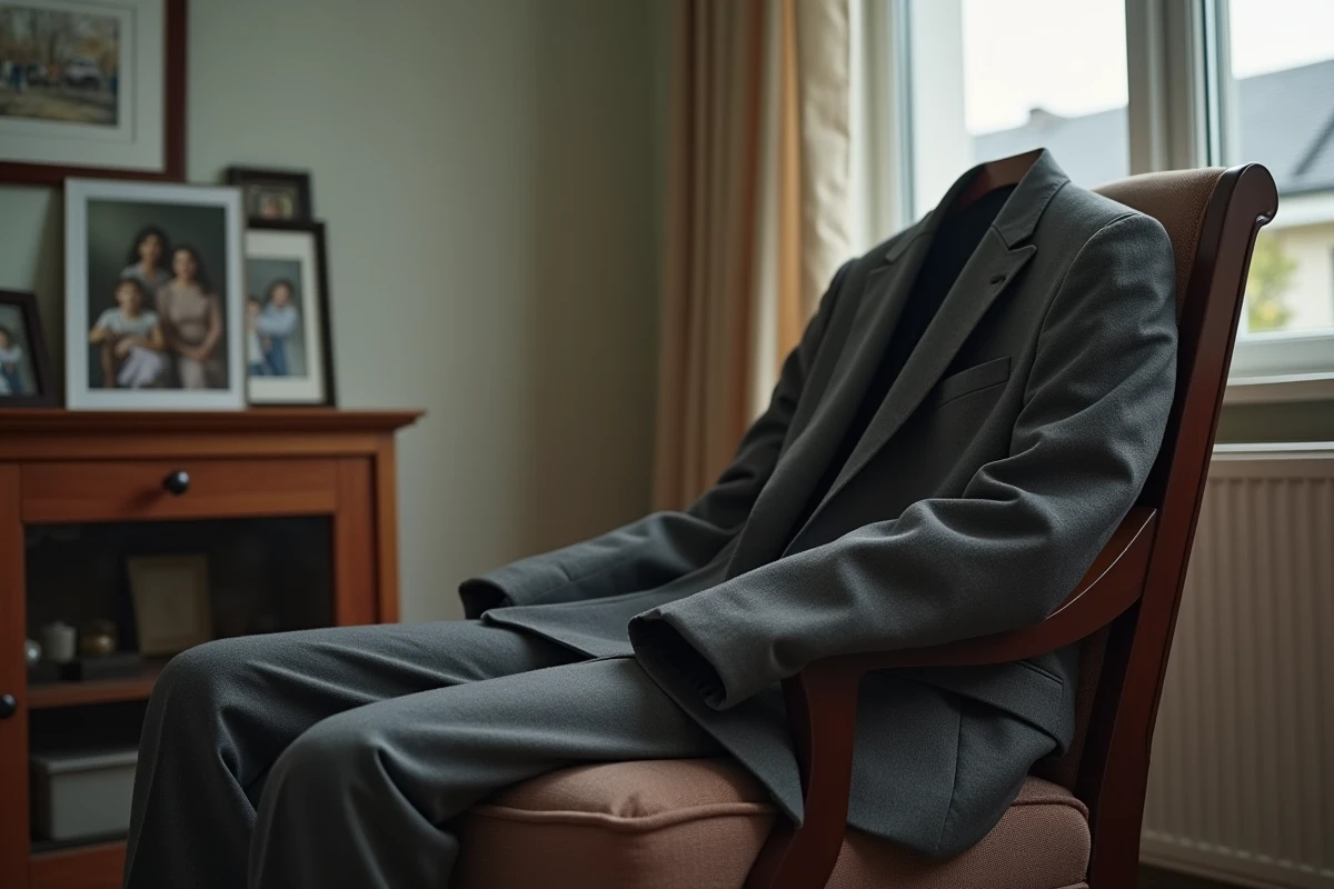 Costume gris suspendu dans une pi&egrave;ce calme et modeste