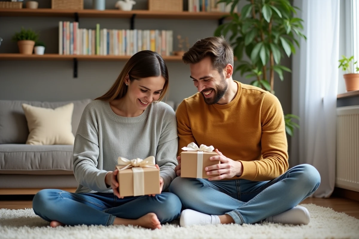 Jeune couple déballant des cadeaux pour bébé dans un salon chaleureux