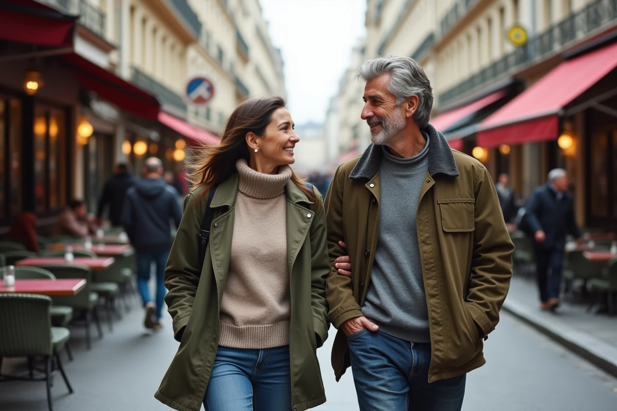 Couple discret se promenant dans une rue parisienne animée sous les façades haussmanniennes