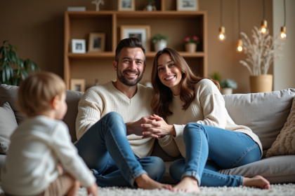 Couple assis sur un canapé en famille dans un salon chaleureux
