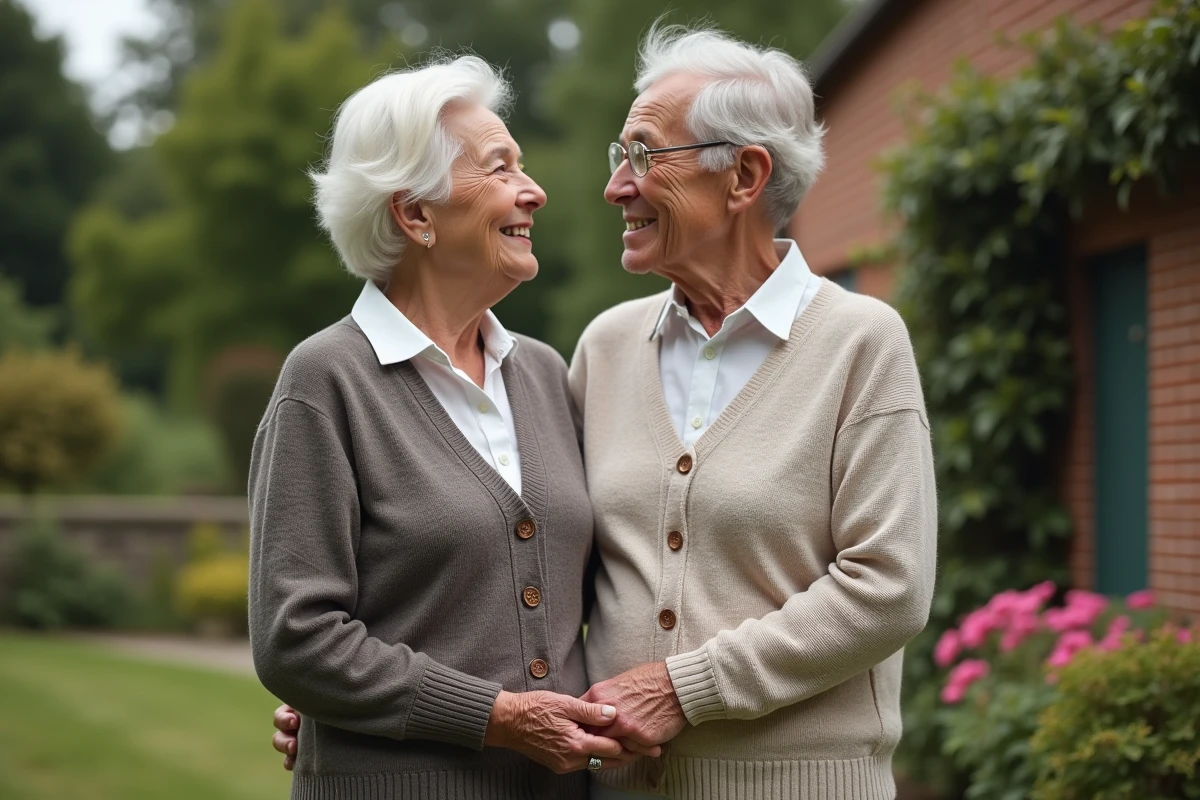 Couple âgé dans un jardin fleuri avec sourire sincère