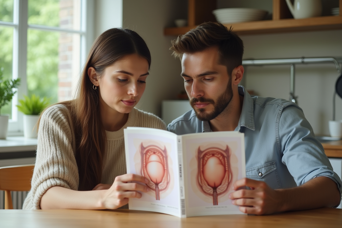 Jeune couple étudiant une illustration de fetal
