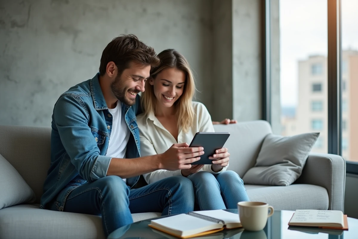 Couple consultant une liste de naissance combinée sur tablette dans leur salon moderne
