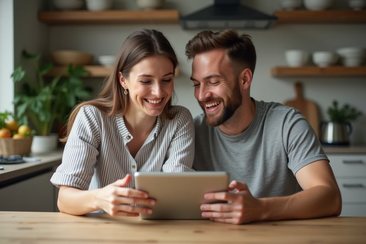 Couple de parents regardant ensemble un blog familial sur une tablette dans une cuisine moderne et conviviale