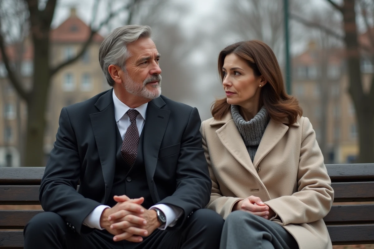 Couple d'adultes assis sur un banc dans un parc au printemps