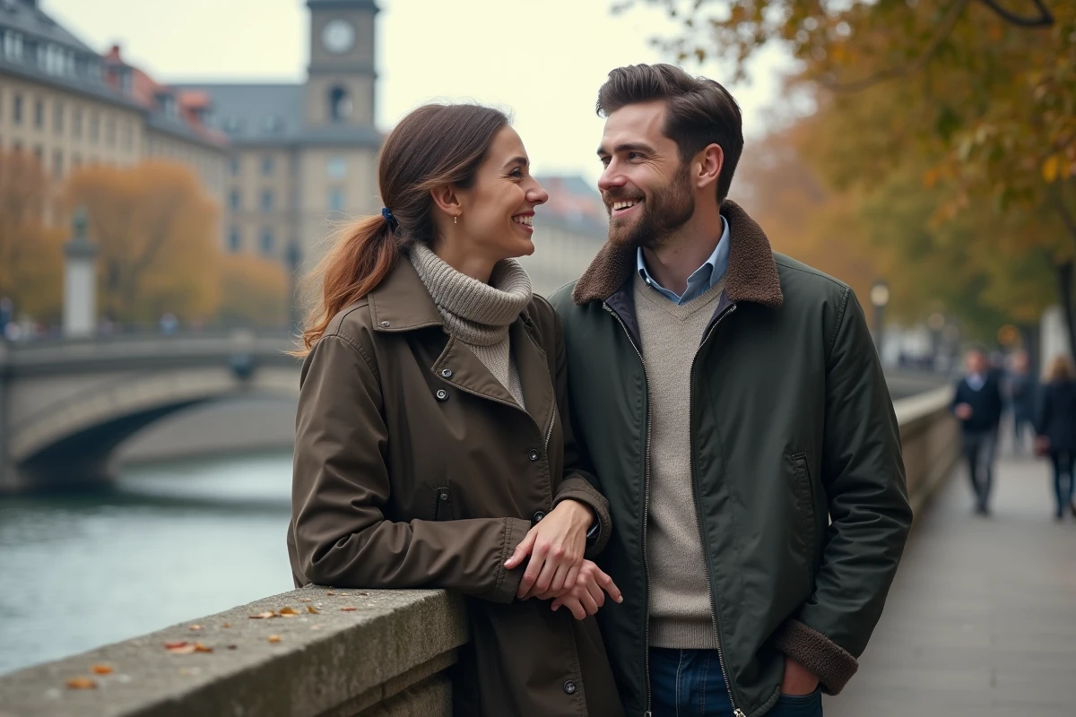 Couple souriant sur une promenade au bord de l