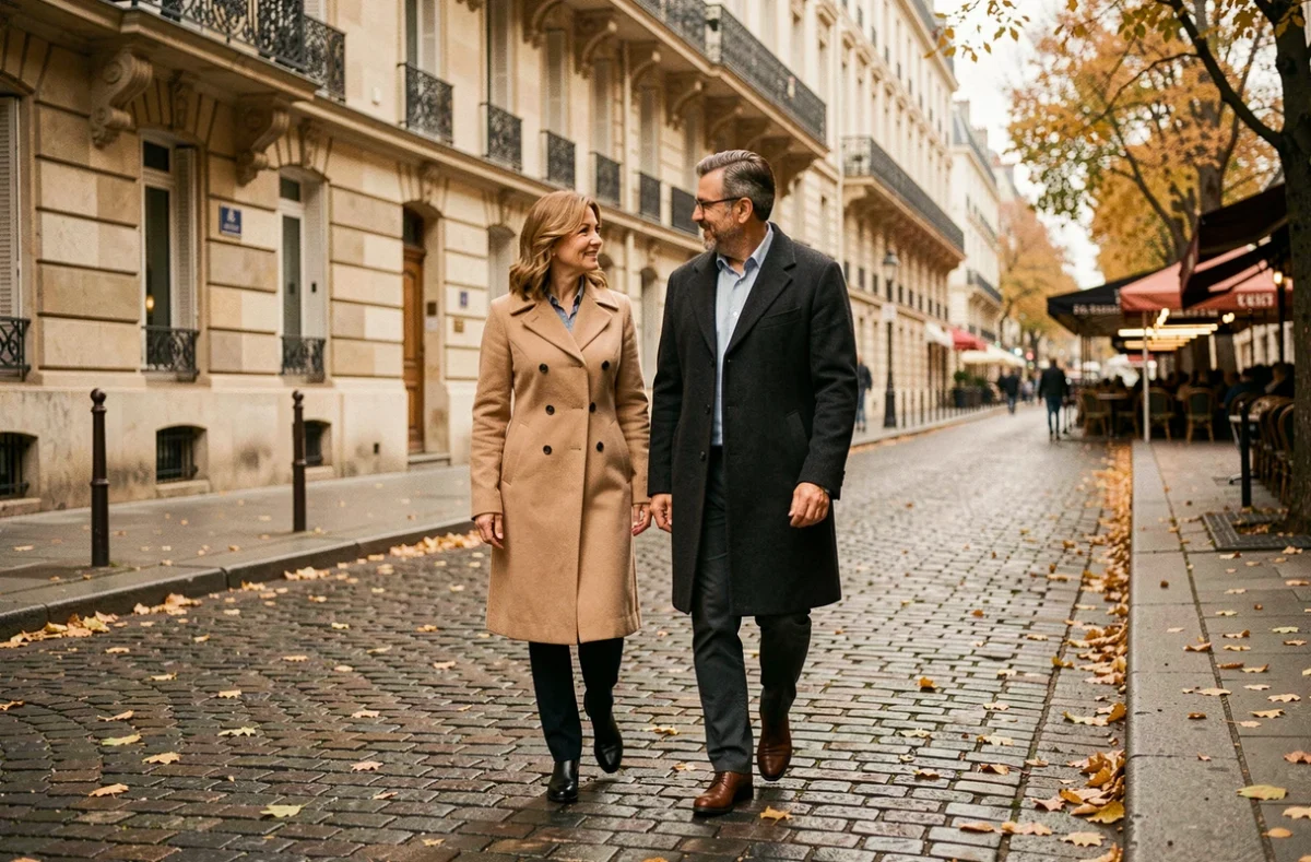 Couple marchant ensemble dans une rue pavée parisienne en automne avec des façades haussmanniennes en arrière-plan