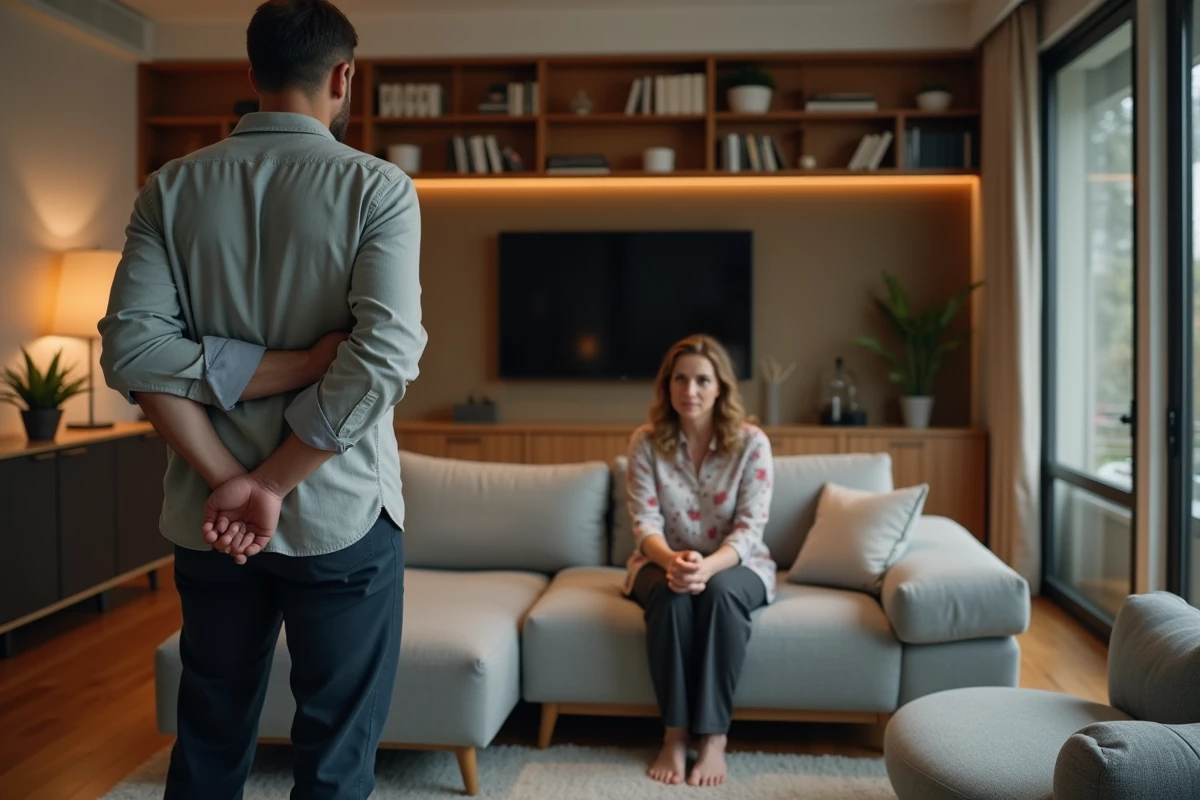 Couple en silence dans un salon, homme dos tourné et femme assise avec calme, représentant la dynamique de silence punitif et de pose de limites
