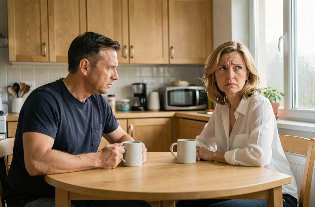 Couple silencieux à la table de cuisine, atmosphère de tension et de distance émotionnelle après une nuit difficile