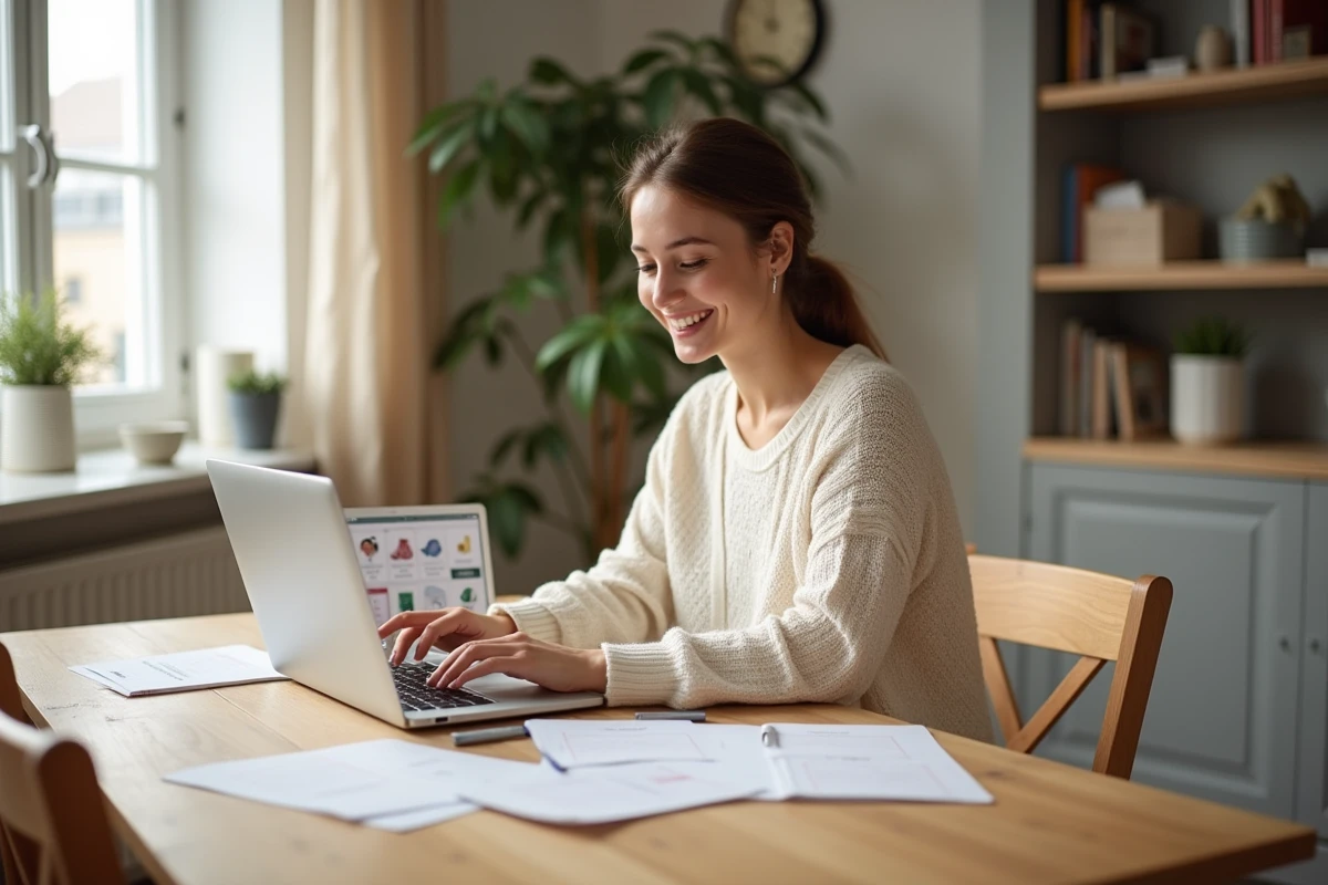 Jeune femme créant une liste de naissance en ligne sur plusieurs sites depuis son appartement