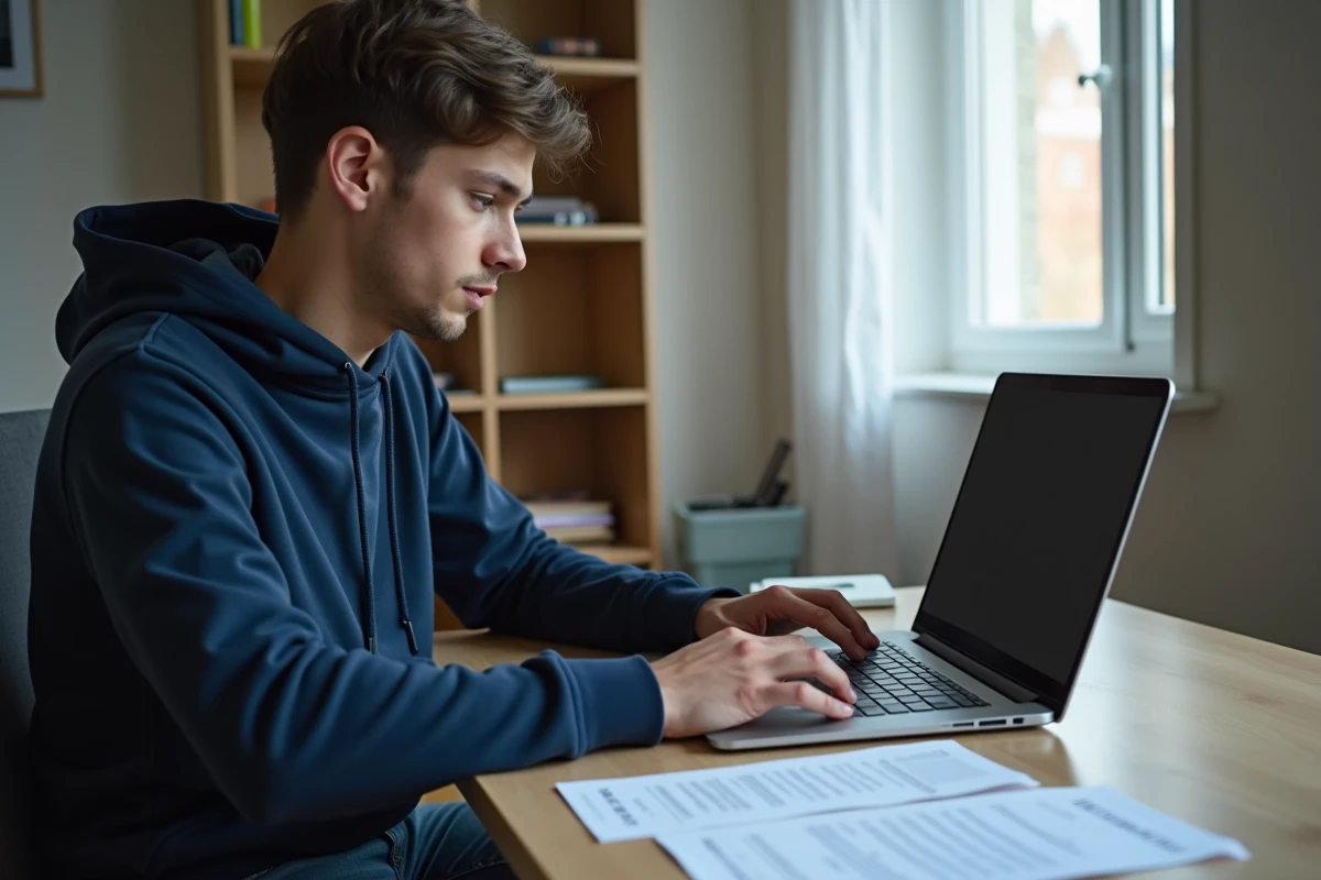 Un jeune homme adulte réalise ses démarches administratives en ligne avec un justificatif de domicile parental sur son bureau