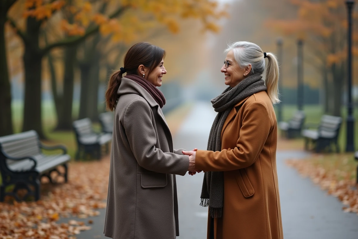 Deux femmes dans un parc en automne se réconfortent