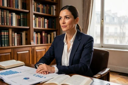 Portrait d'une économiste française d'origine méditerranéenne dans un bureau parisien entouré de livres d'économie