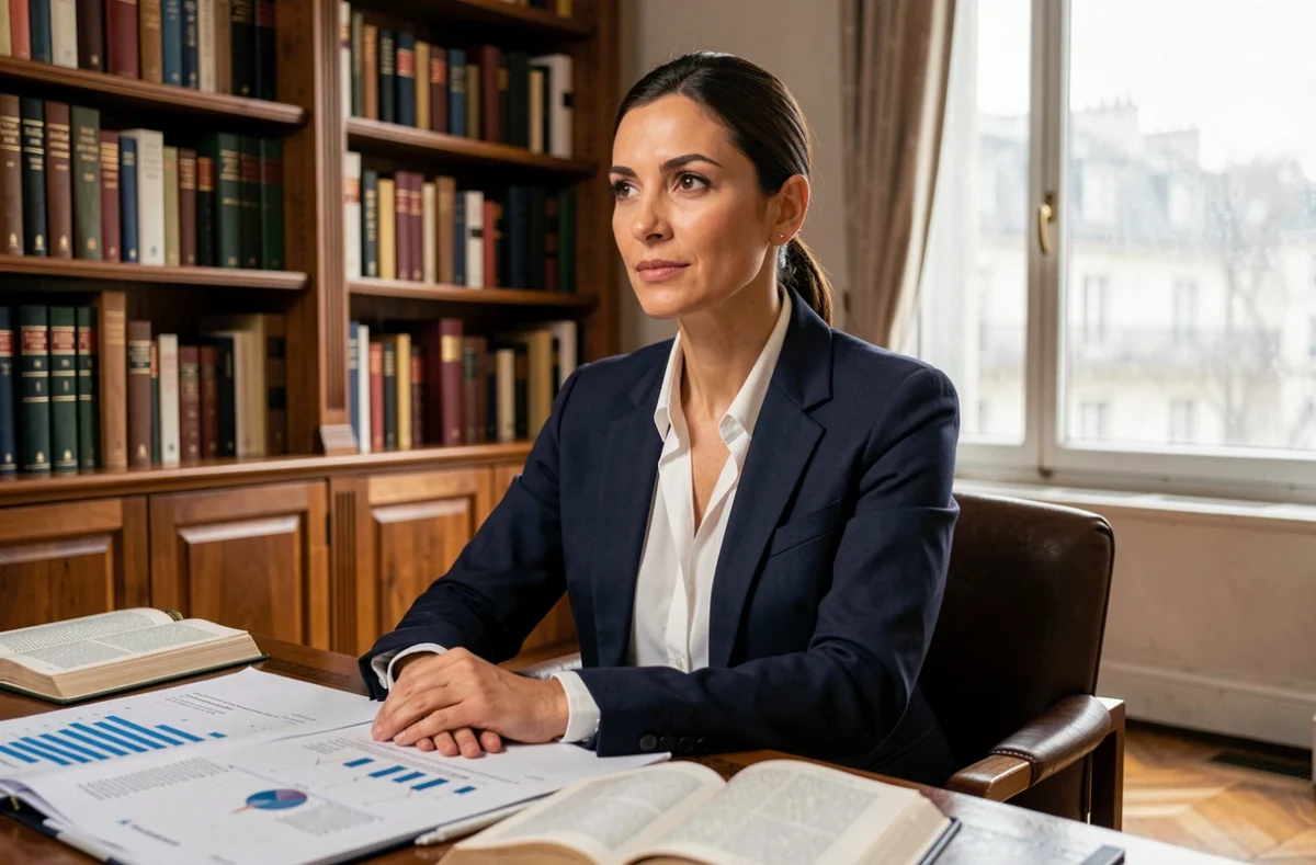 Portrait d'une économiste française d'origine méditerranéenne dans un bureau parisien entouré de livres d'économie