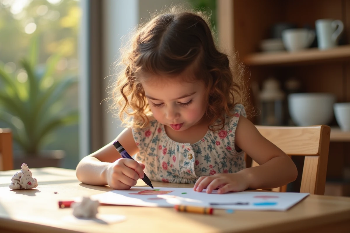 Petite fille dessinant une carte de fête des pères faite main à la table de cuisine