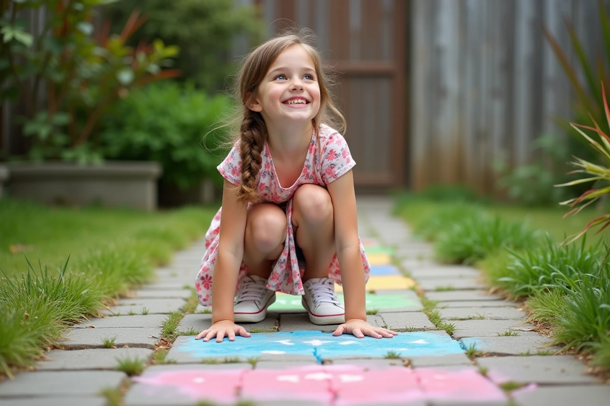 Fille de 10 ans dessine au sol dans un jardin ensoleille