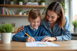 Garçon souriant avec sa mère en cuisine moderne