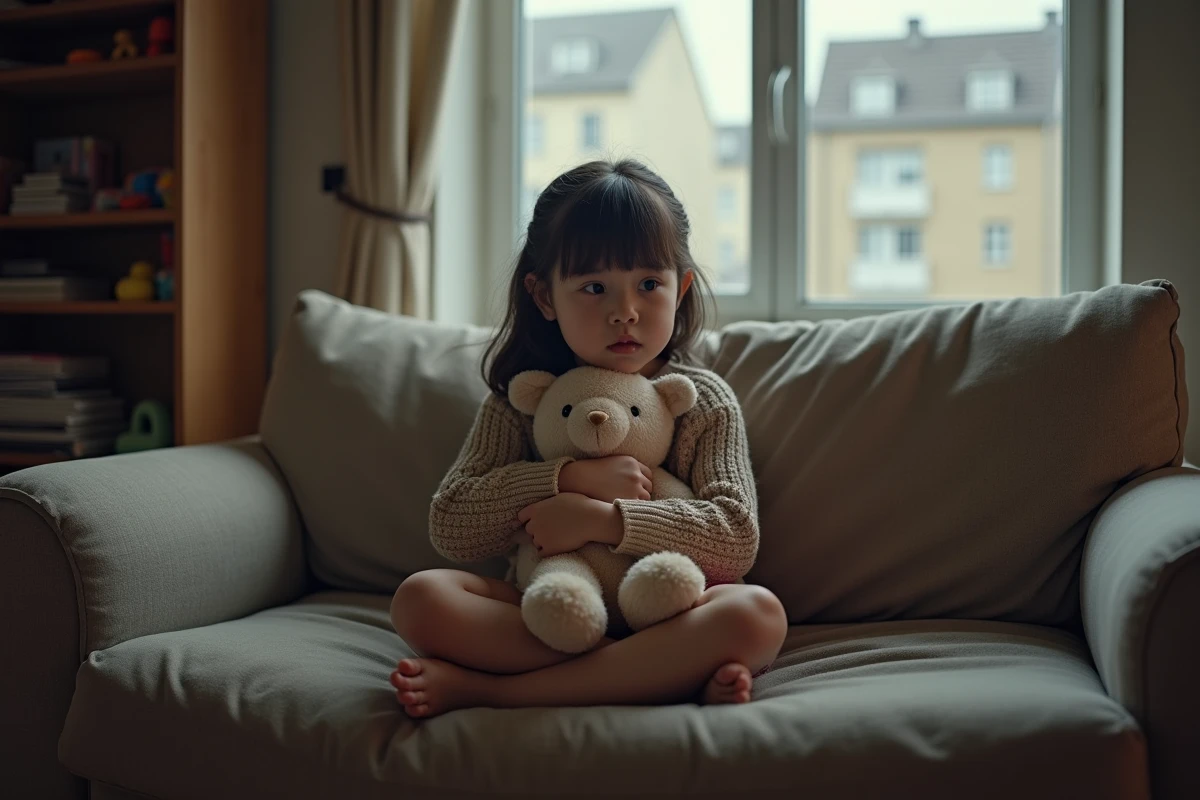 Jeune fille tenant un doudou sur un canapé dans un appartement, illustrant l'impact émotionnel d'une procédure de garde sur l'enfant