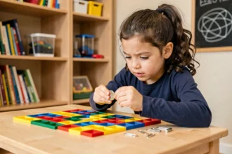 Petite fille de 8 ans explorant des aimants et objets métalliques sur une table en bois dans un espace éducatif à la maison, éveillant sa curiosité scientifique