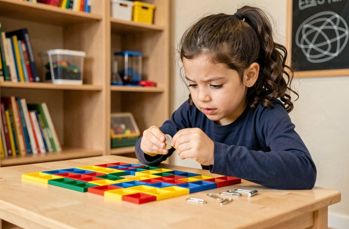 Petite fille de 8 ans explorant des aimants et objets métalliques sur une table en bois dans un espace éducatif à la maison, éveillant sa curiosité scientifique