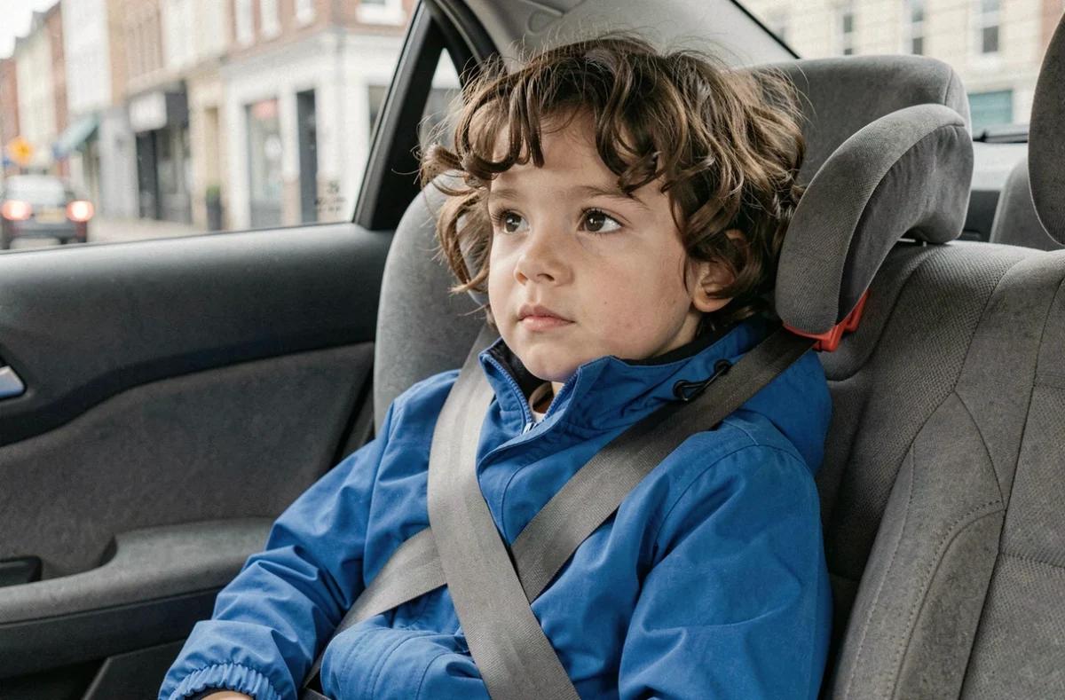 Enfant de 8 ans assis dans un réhausseur homologué avec ceinture de sécurité dans la voiture familiale