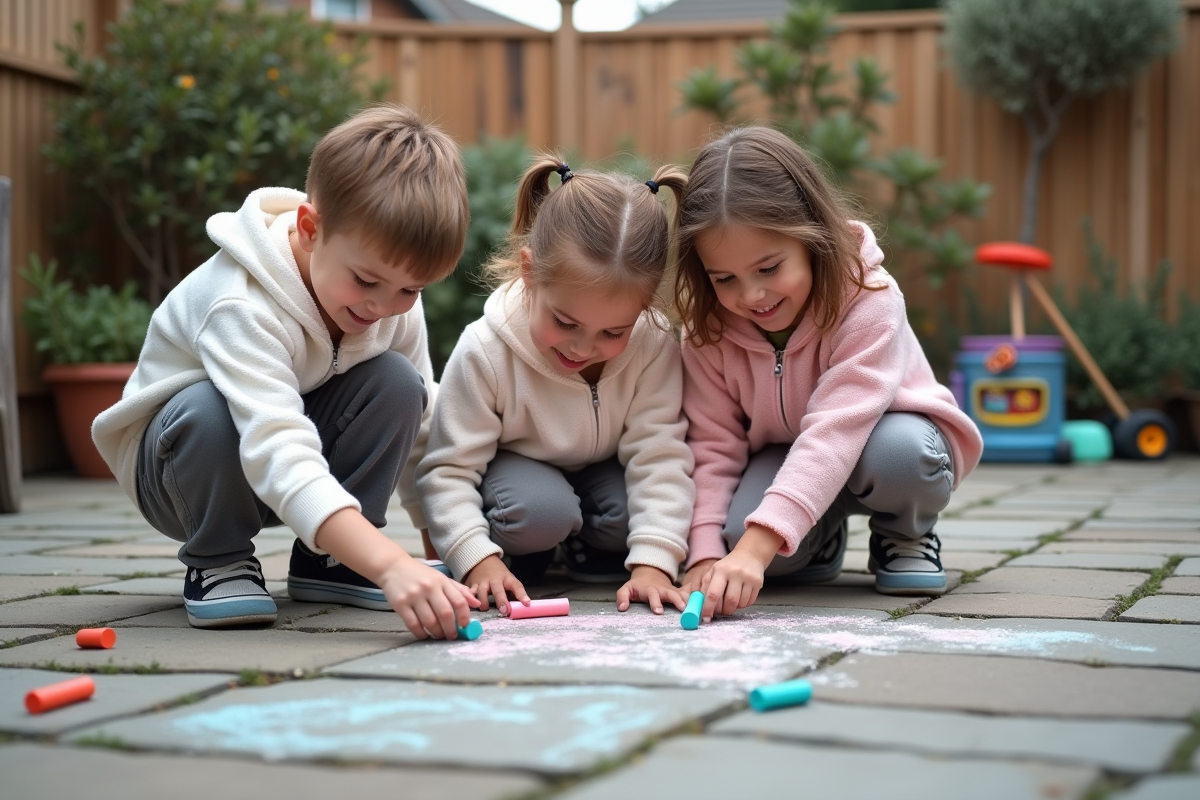 Trois enfants dessinent avec de la craie sur une terrasse extérieure