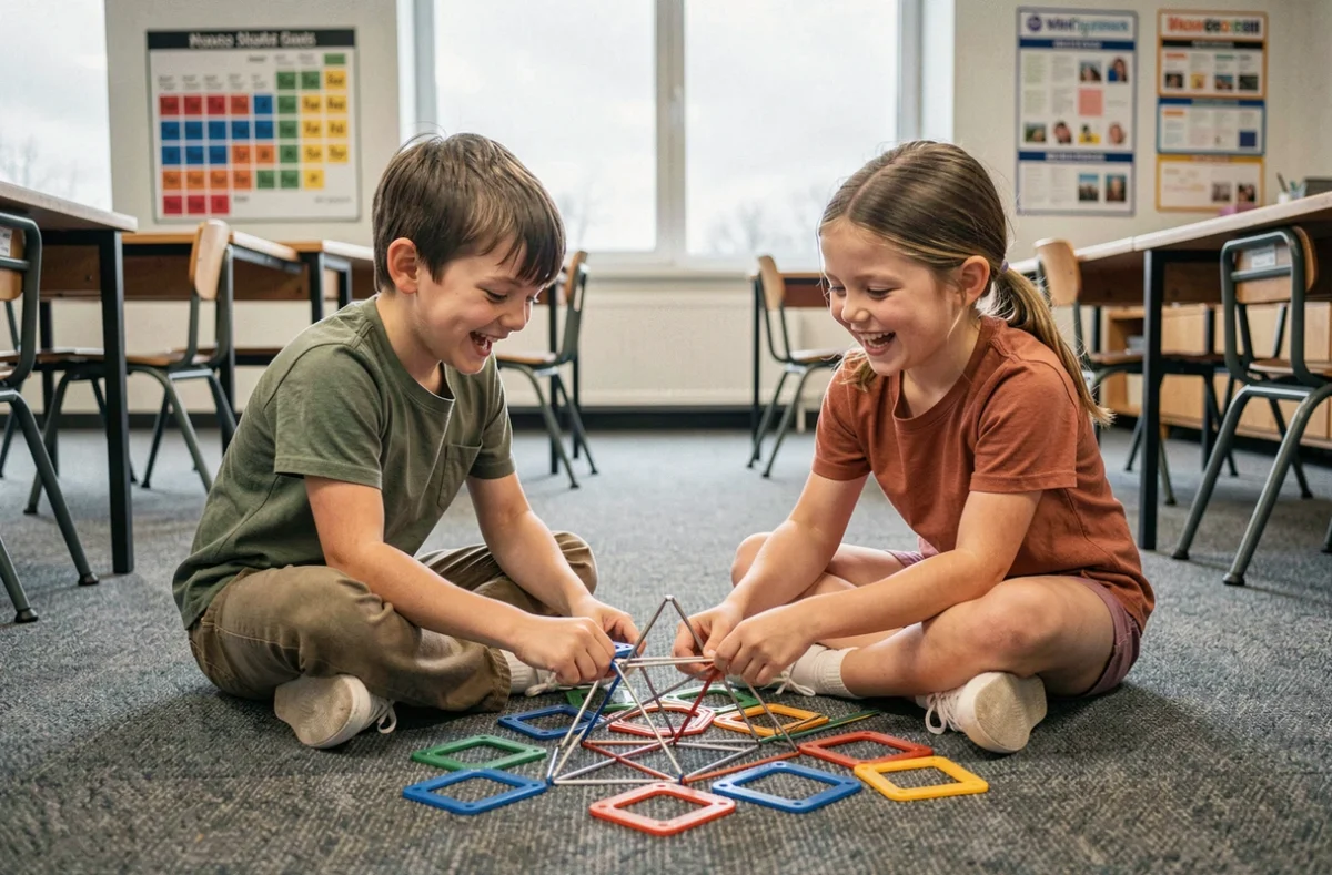 Deux enfants collaborant autour d'un jeu de construction magnétique coloré sur le sol d'une salle de classe moderne, stimulant leur curiosité pour les sciences