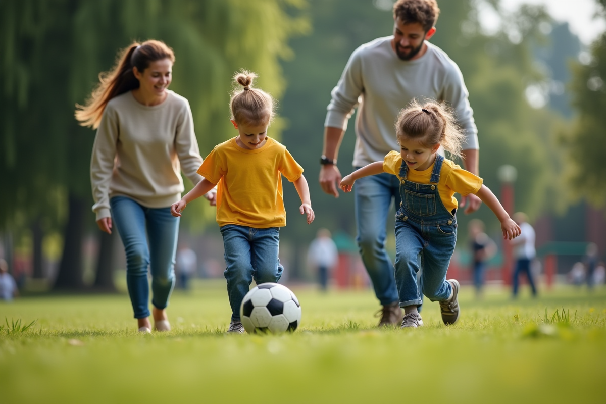 Enfants jouant au football dans un parc en plein air
