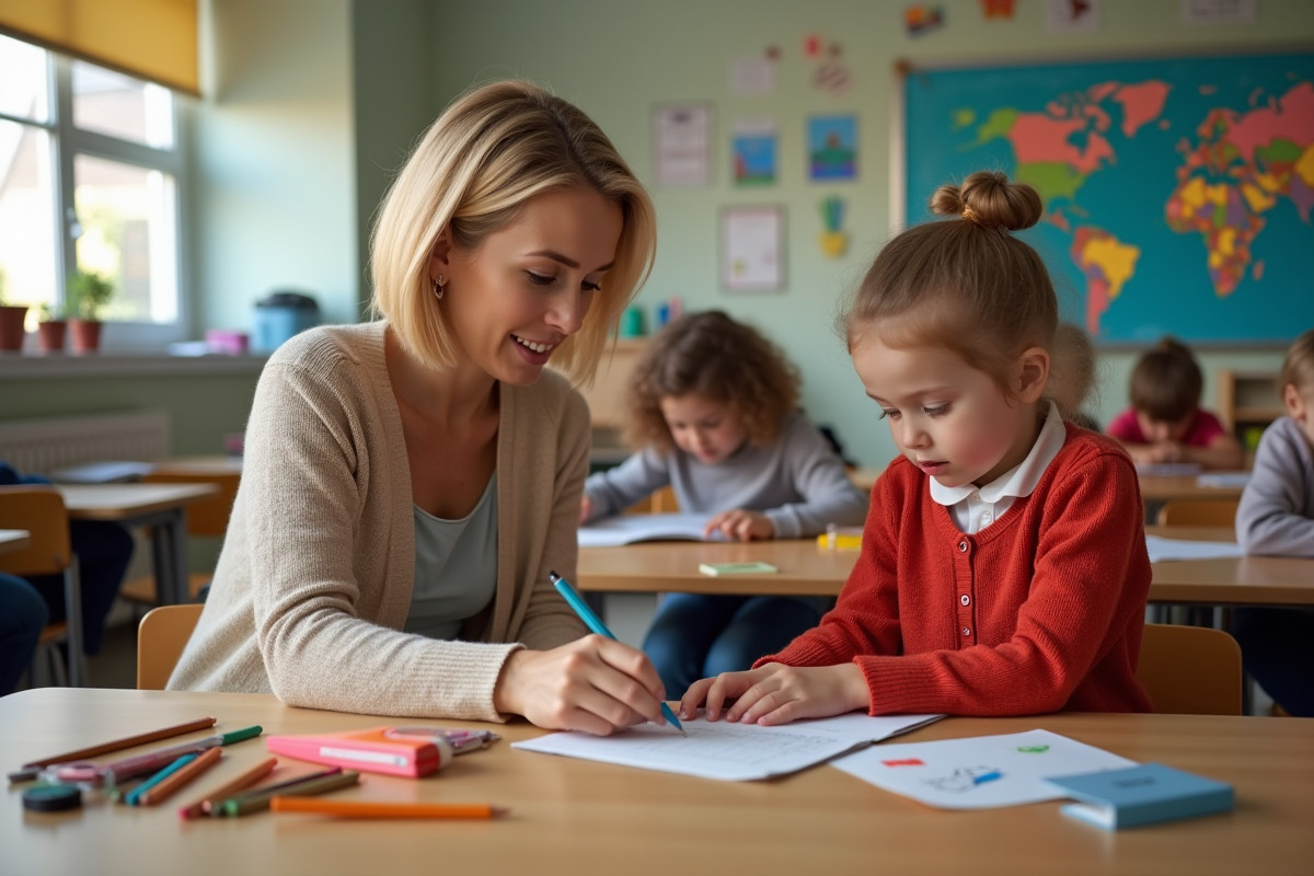 Enseignante aide une élève à organiser des crayons en classe
