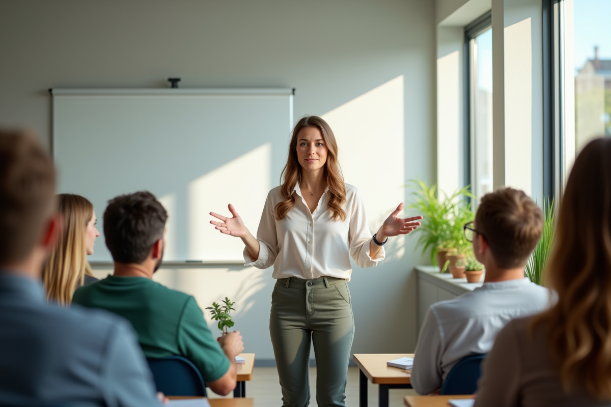 Femme enseignante en formation avec adultes attentifs en salle
