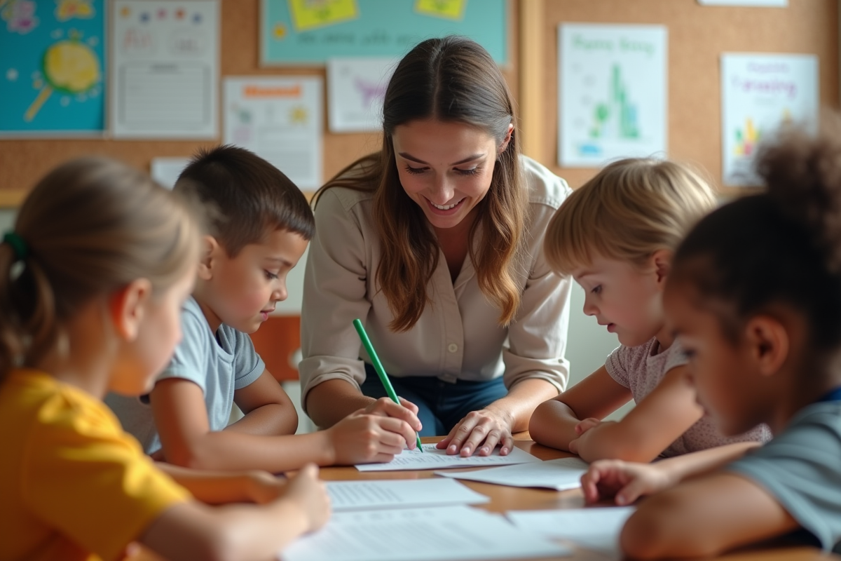 Enseignante guidant des élèves lors d une activité lecture