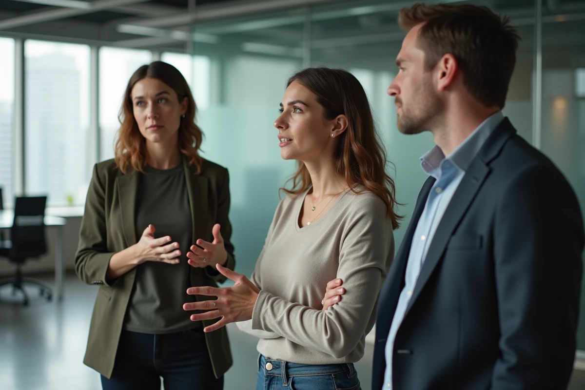 Groupe de trois collègues en réunion dans un open space