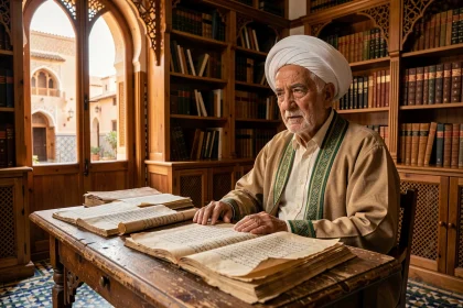 Un érudit islamique âgé consulte des manuscrits anciens dans une bibliothèque traditionnelle marocaine, illustrant la transmission du savoir généalogique des descendants du Prophète