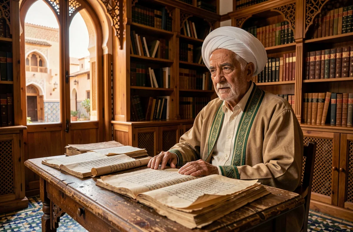 Un érudit islamique âgé consulte des manuscrits anciens dans une bibliothèque traditionnelle marocaine, illustrant la transmission du savoir généalogique des descendants du Prophète