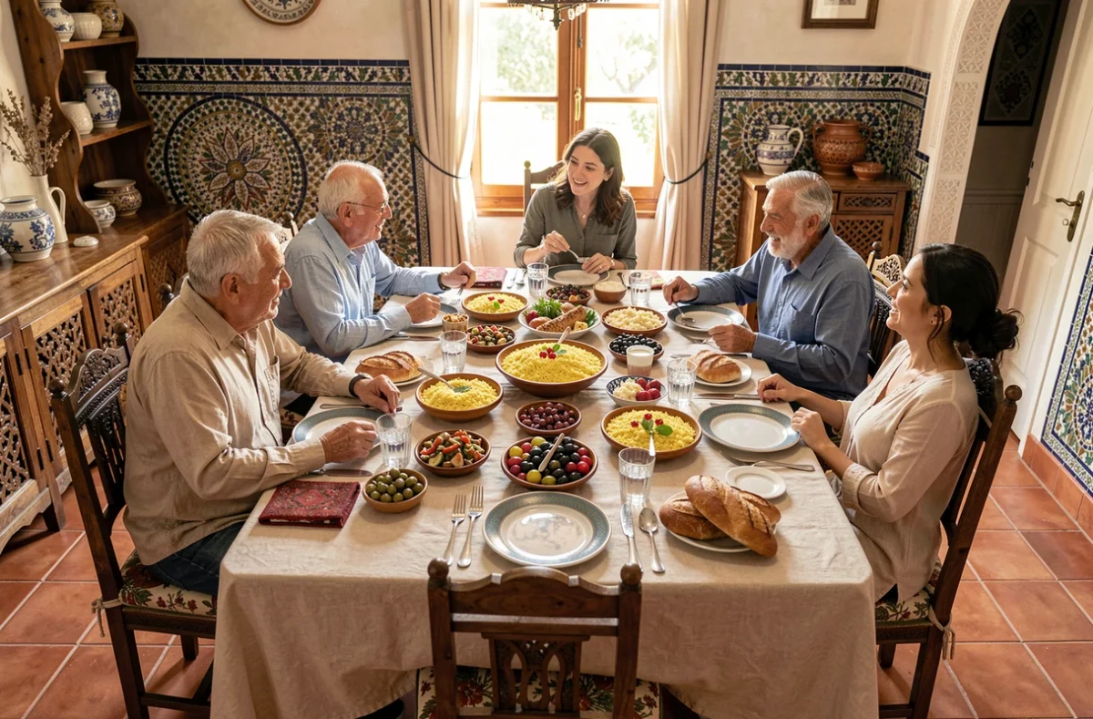 Réunion de famille franco-maghrébine autour d'un repas traditionnel évoquant les origines culturelles mixtes