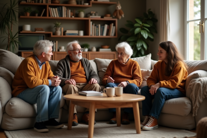 Famille multigenerational assise autour d'une table de salon