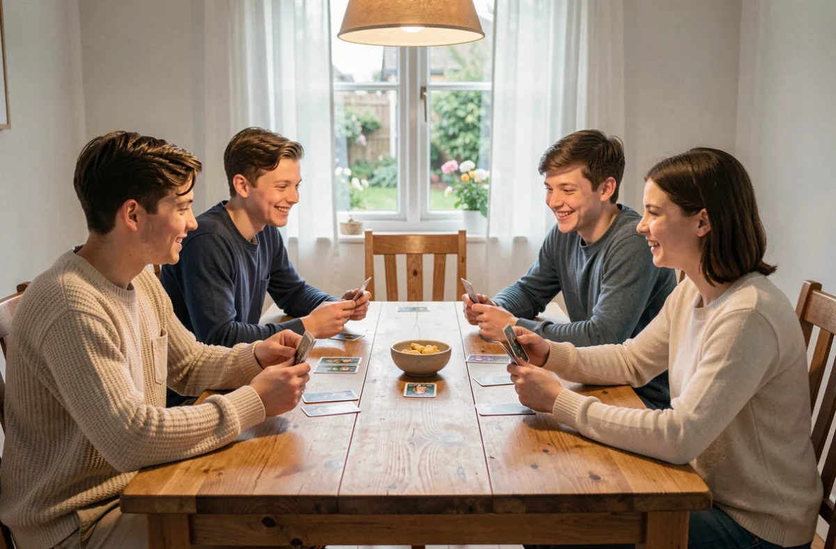 Famille de quatre personnes dont deux adolescents jouant aux cartes ensemble autour d'une table en bois, dans une ambiance détendue et complice