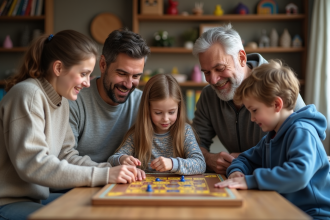 Famille multigenerational jouant à un jeu de société à l'intérieur